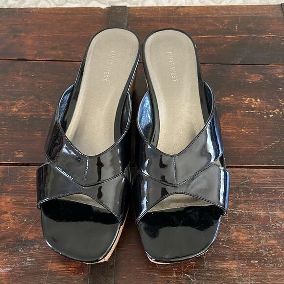 Nine West Black Patent Wedge Sandals Size 10 - Picture 2 of 7